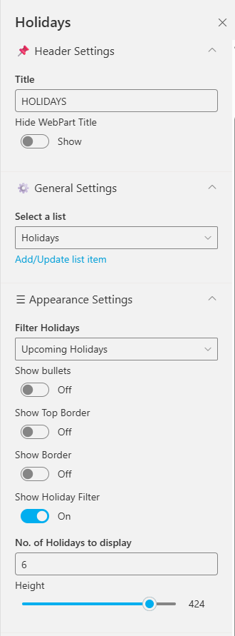 Holidays Pane