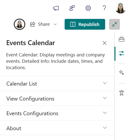 Events Calendar Property Pane